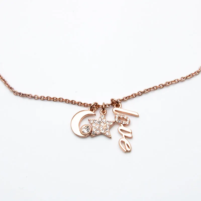 Alicia Bonnie Sparkling Clear Crystals Rose Gold star and moon Necklace