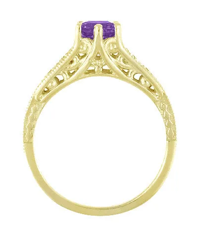 Amethyst and Diamond Filigree Engagement Ring in 14 Karat Yellow Gold