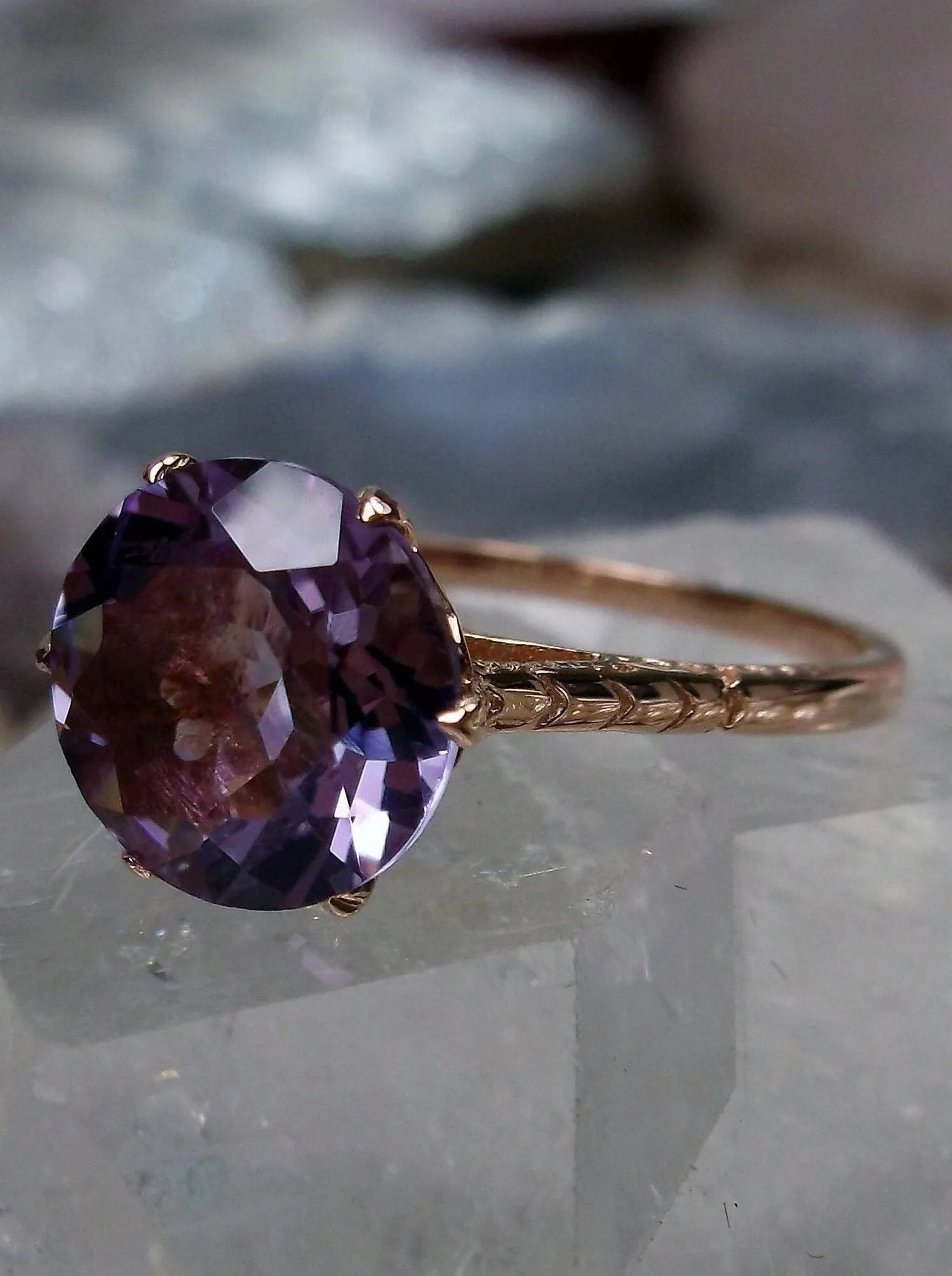 Amethyst Ring, Rose Gold, Natural Gemstone Solitaire, Classic Jewelry #D37z