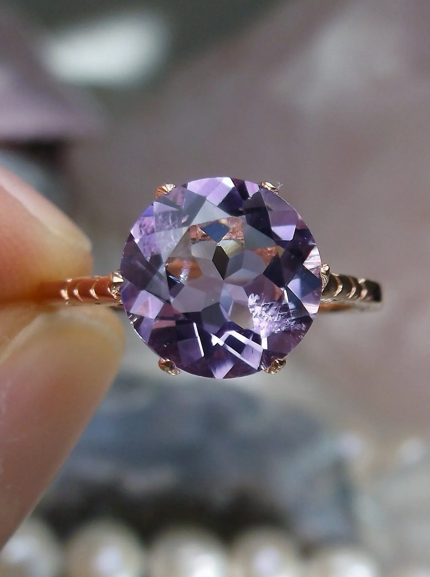 Amethyst Ring, Rose Gold, Natural Gemstone Solitaire, Classic Jewelry #D37z