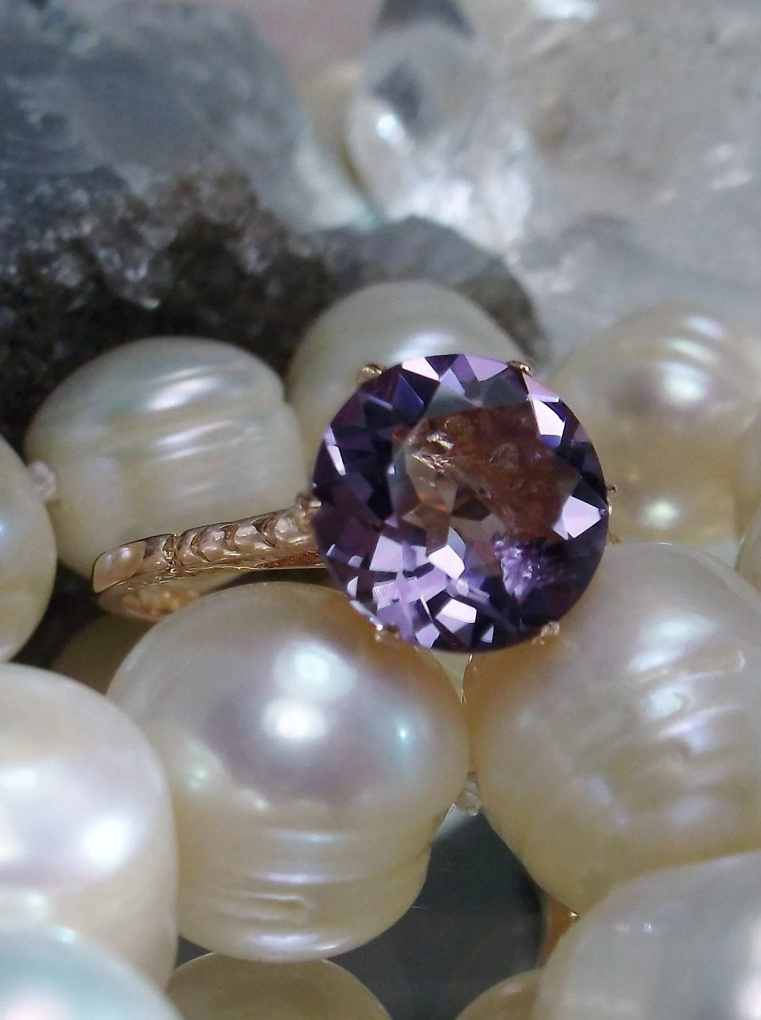Amethyst Ring, Rose Gold, Natural Gemstone Solitaire, Classic Jewelry #D37z