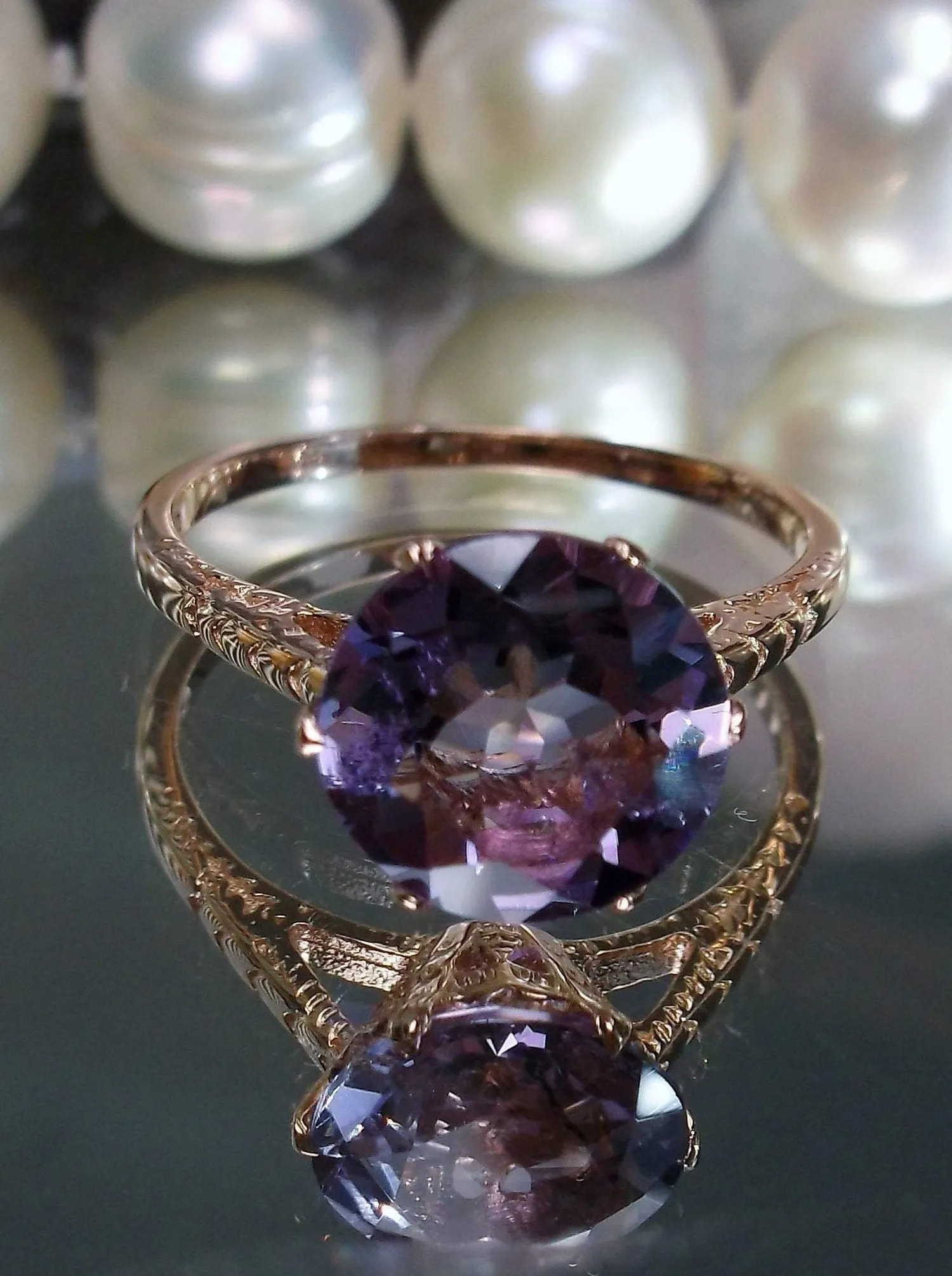 Amethyst Ring, Rose Gold, Natural Gemstone Solitaire, Classic Jewelry #D37z