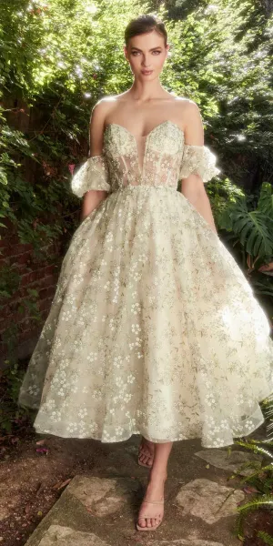 Andrea & Leo A1197 Baby's Breath Embroidery Tea Length Gown with Puff Sleeves