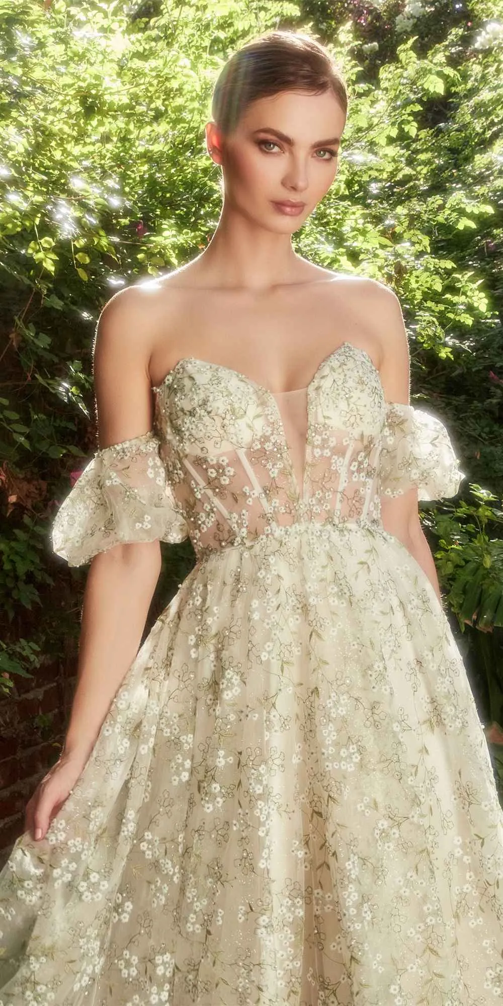 Andrea & Leo A1197 Baby's Breath Embroidery Tea Length Gown with Puff Sleeves