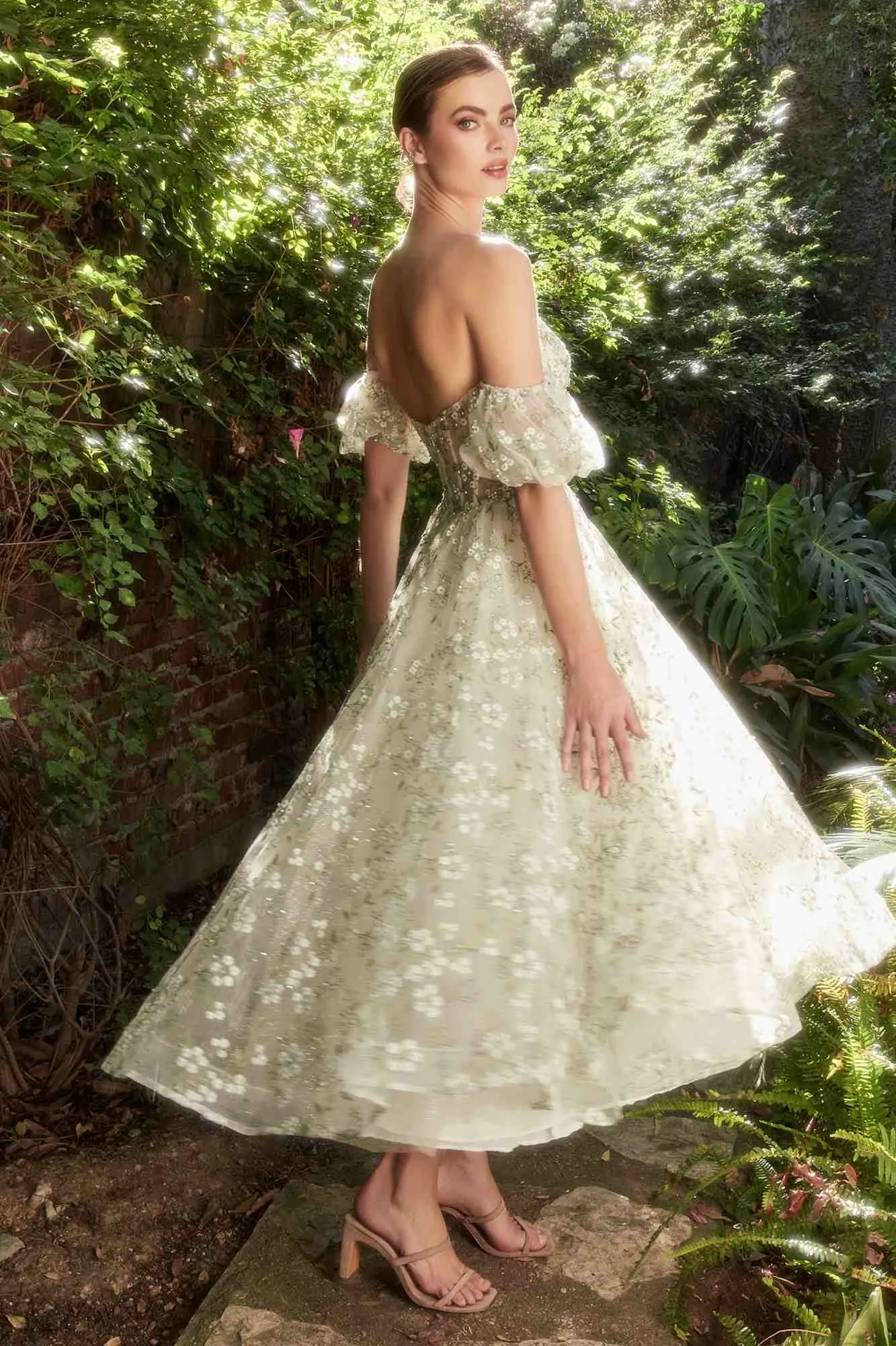 Andrea & Leo A1197 Baby's Breath Embroidery Tea Length Gown with Puff Sleeves