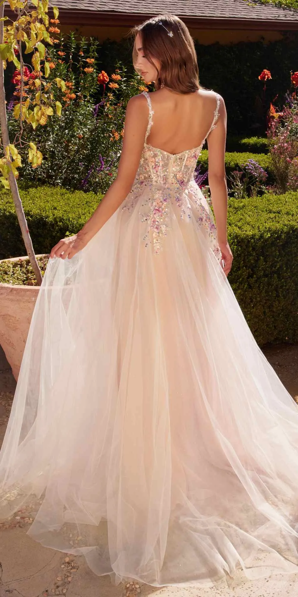 Andrea & Leo A1288 Long A-Line Dress Multicolored Floral Embellishments