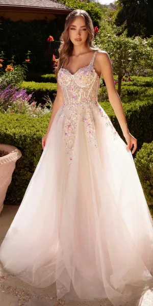 Andrea & Leo A1288 Long A-Line Dress Multicolored Floral Embellishments
