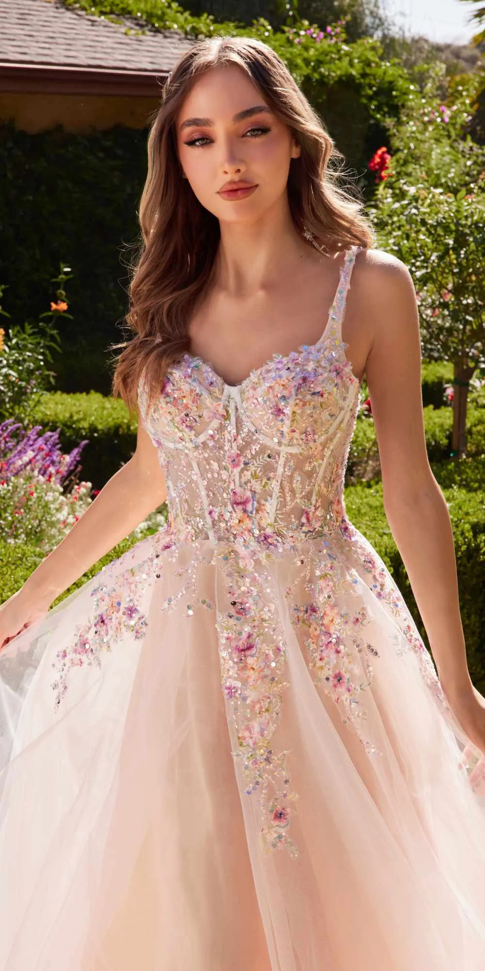 Andrea & Leo A1288 Long A-Line Dress Multicolored Floral Embellishments