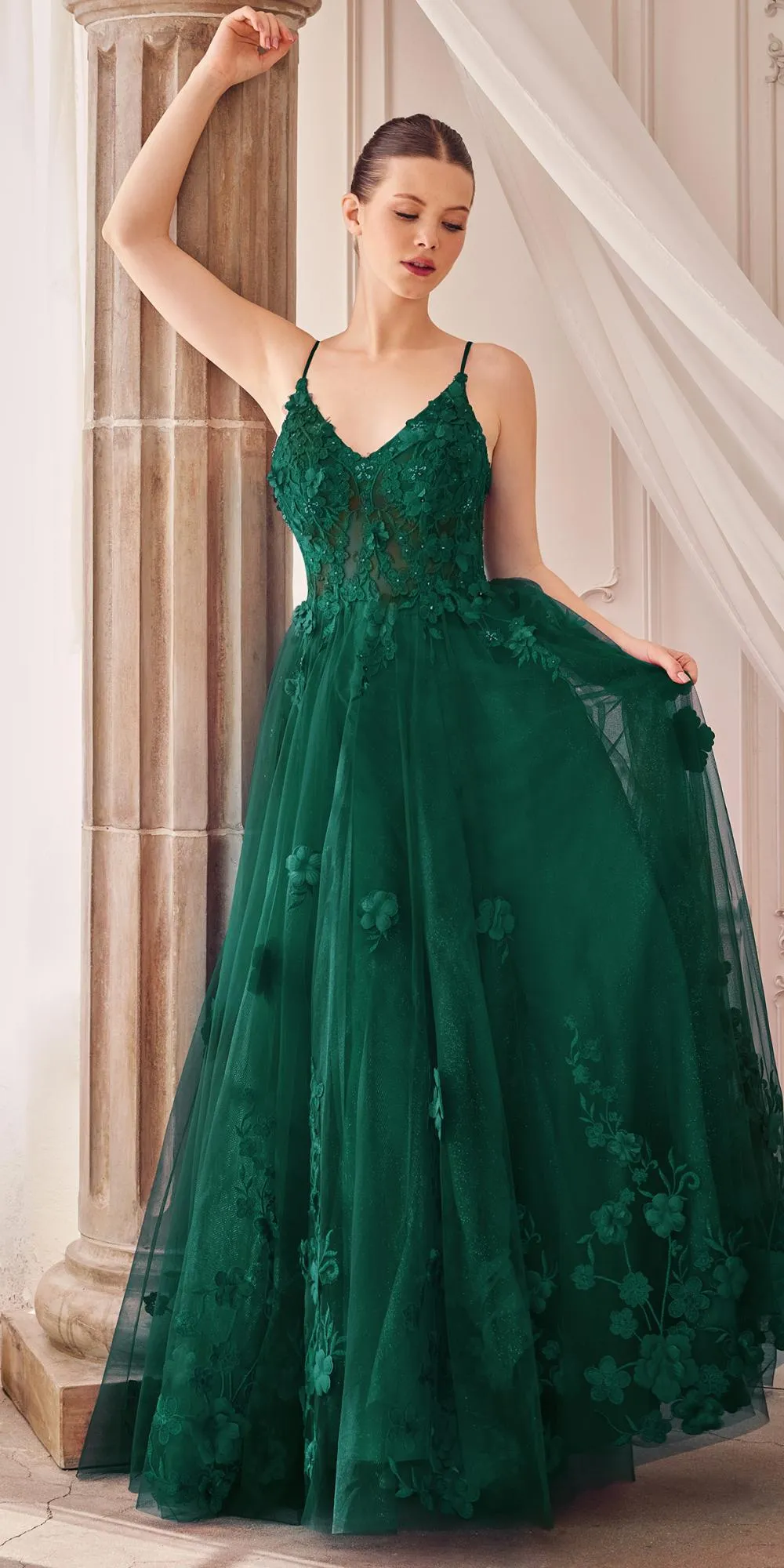 Andrea & Leo A1326 Long Tulle A-Line Floral Applique Gown