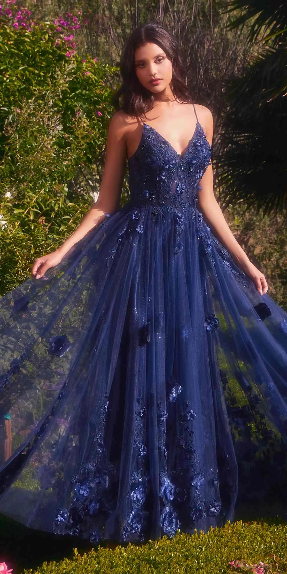 Andrea & Leo A1326 Long Tulle A-Line Floral Applique Gown
