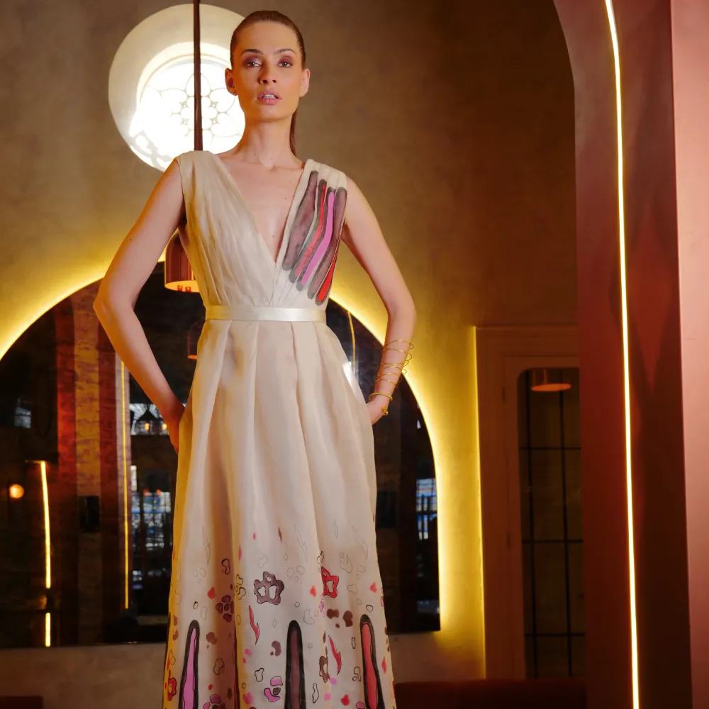 Ankle Length Off-White Organza Dress, Hand Painted In Exclusive Pattern And Colors