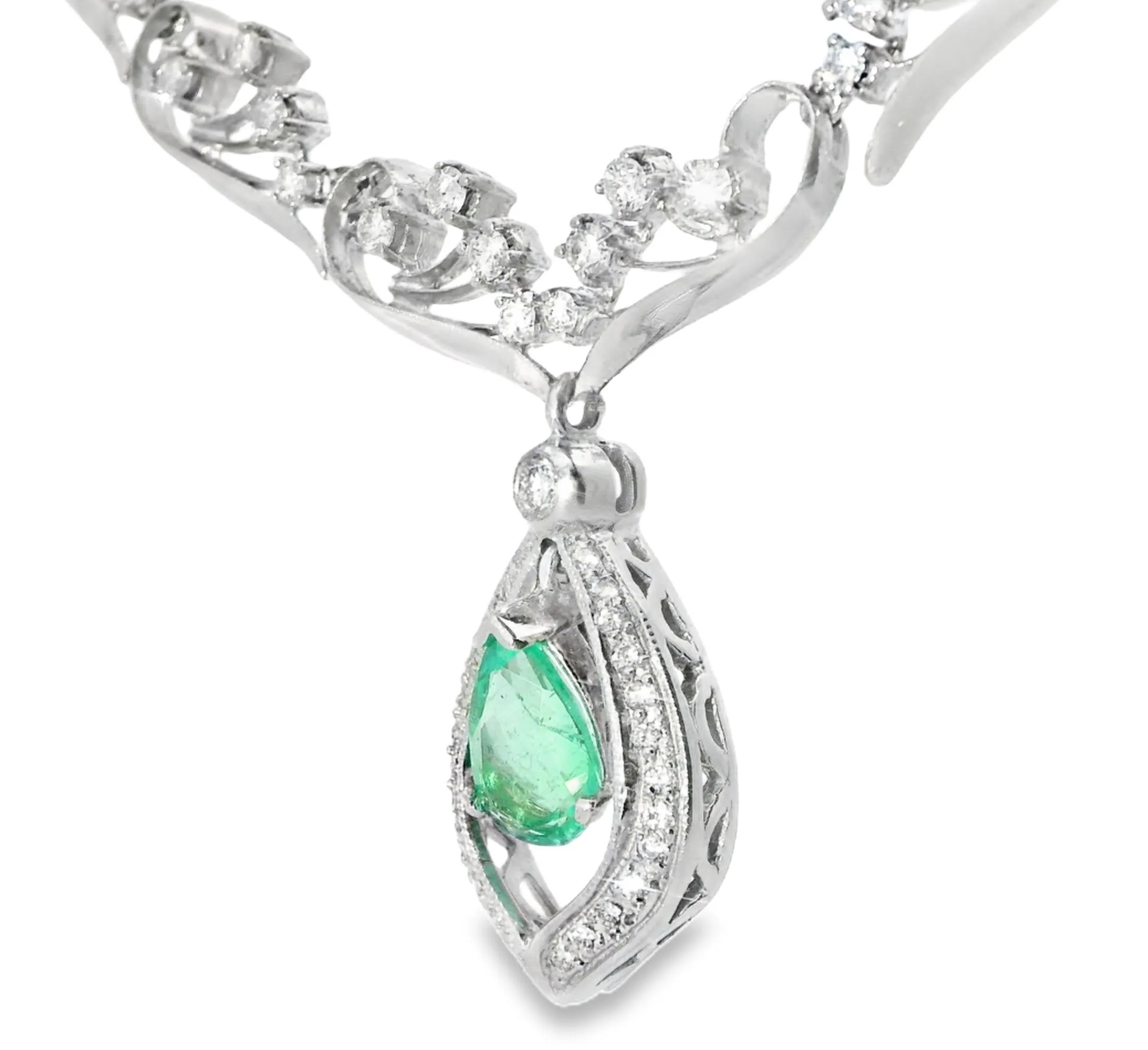 Antique 14K White Gold Filigree Emerald Diamond Necklace