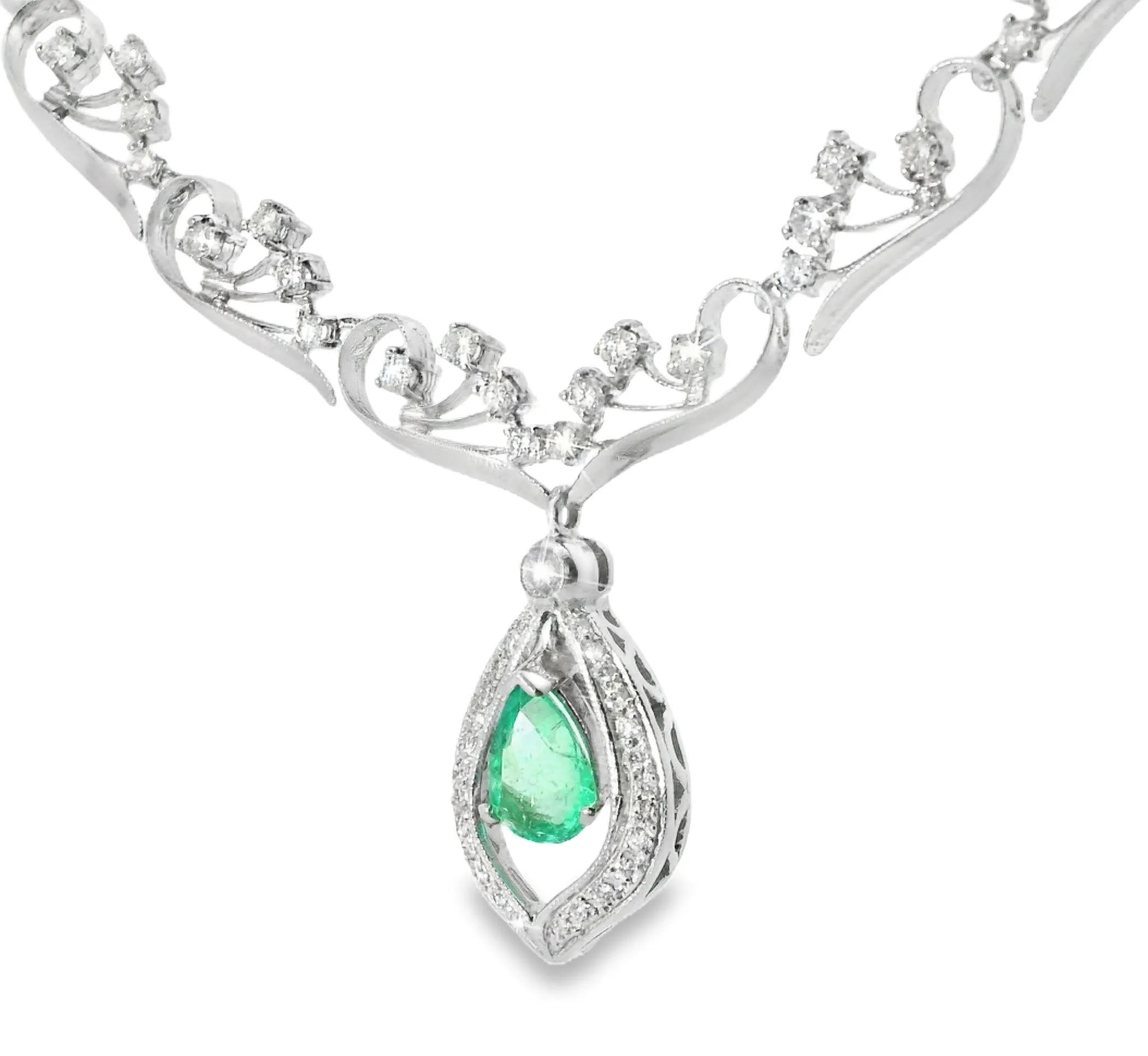Antique 14K White Gold Filigree Emerald Diamond Necklace