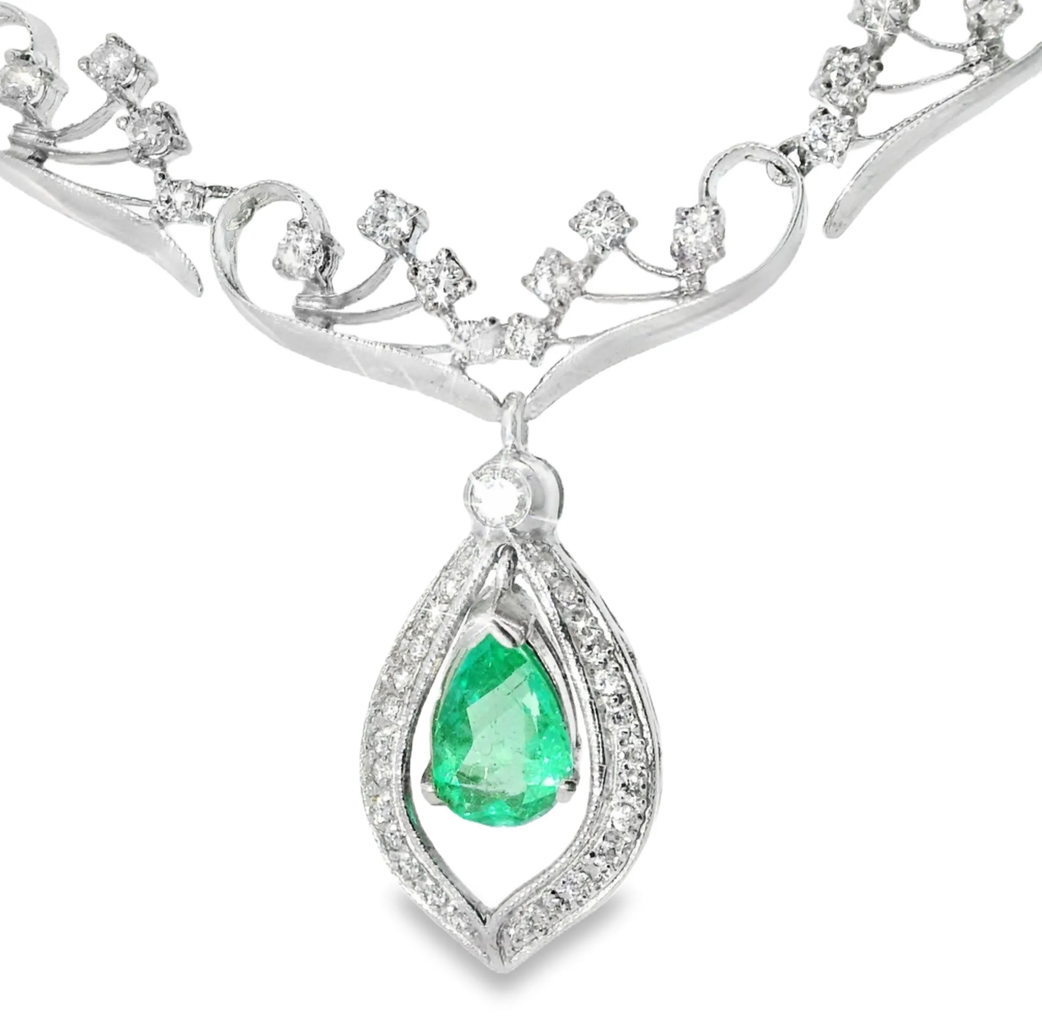 Antique 14K White Gold Filigree Emerald Diamond Necklace