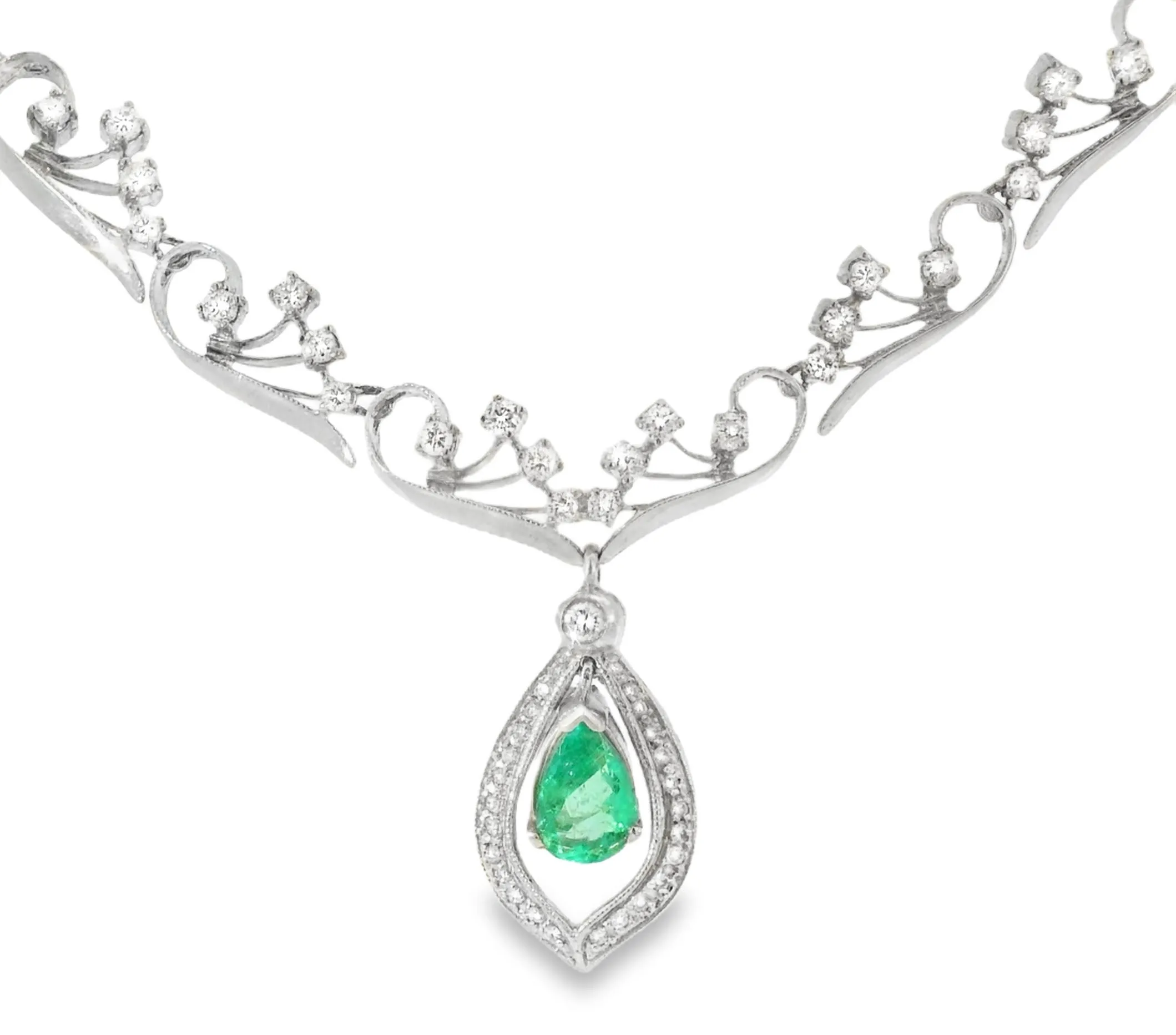 Antique 14K White Gold Filigree Emerald Diamond Necklace