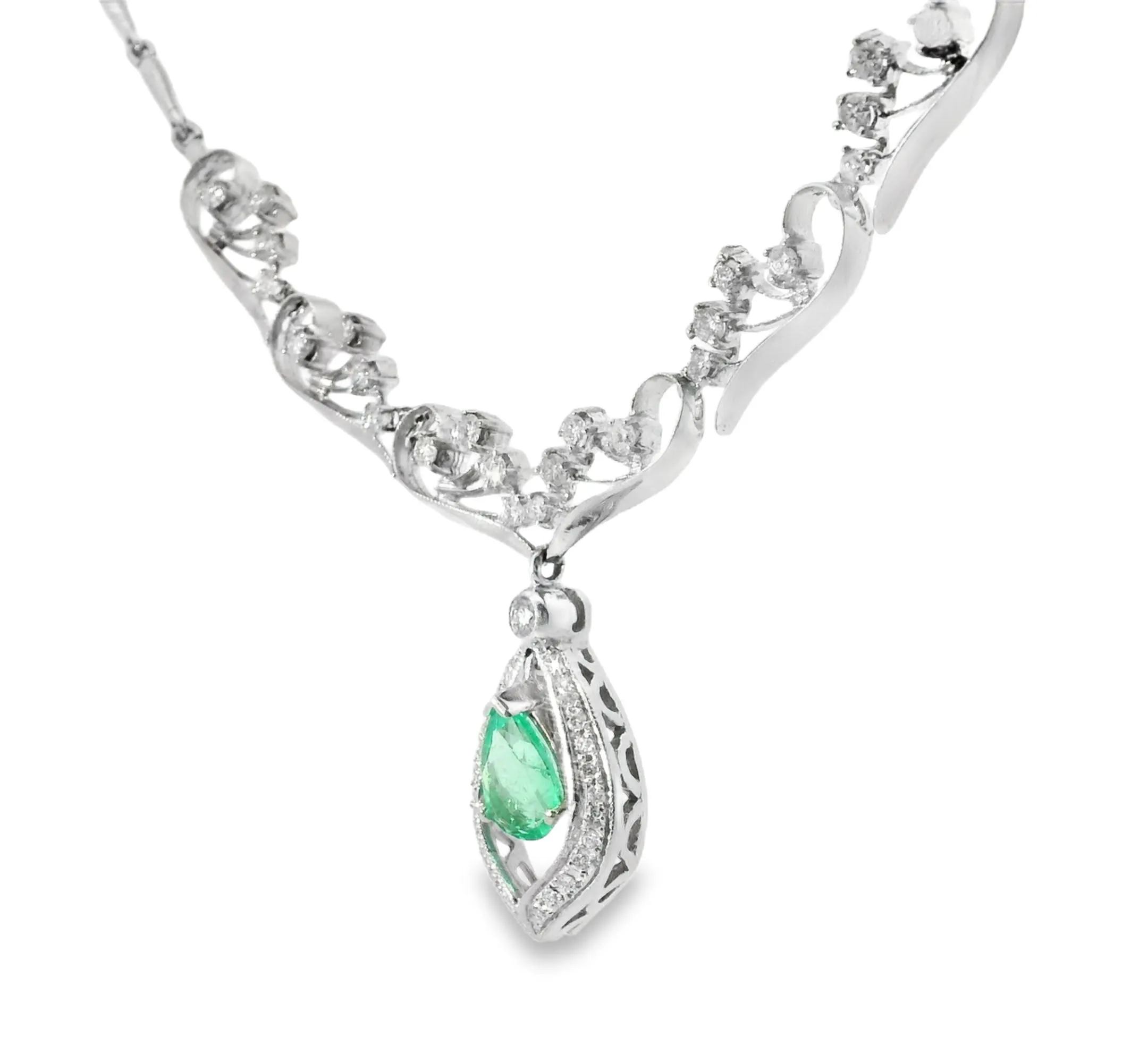 Antique 14K White Gold Filigree Emerald Diamond Necklace