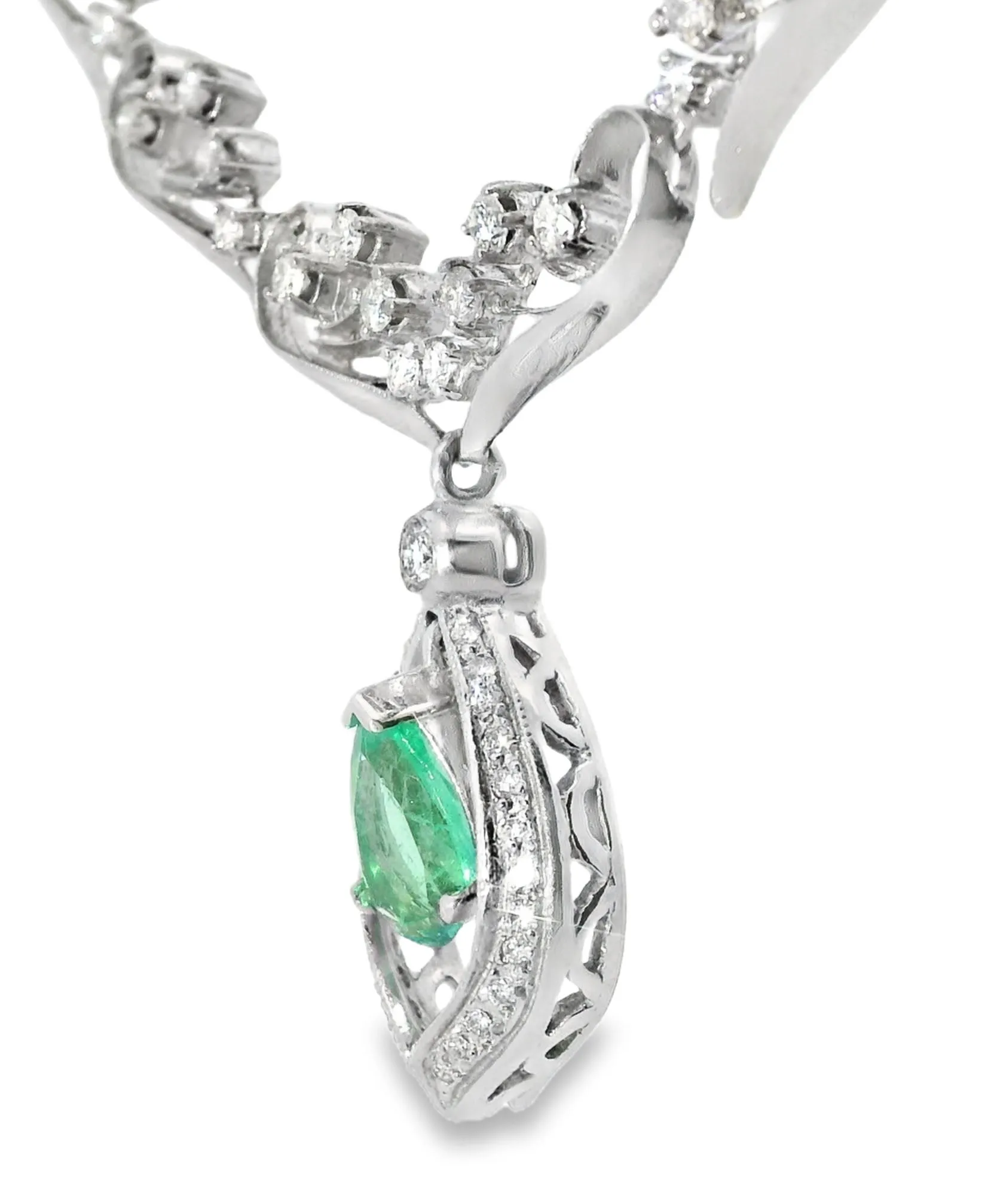 Antique 14K White Gold Filigree Emerald Diamond Necklace