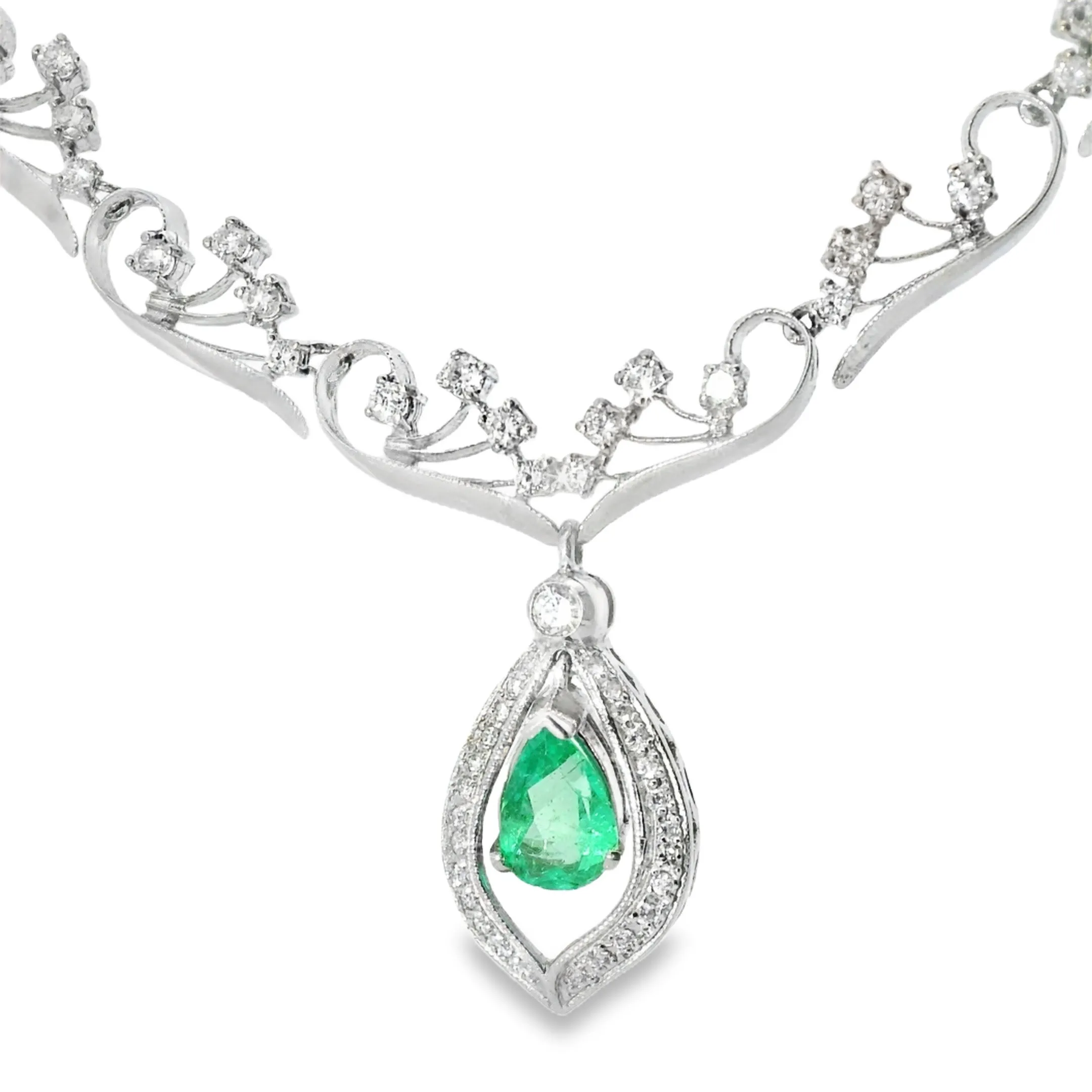 Antique 14K White Gold Filigree Emerald Diamond Necklace