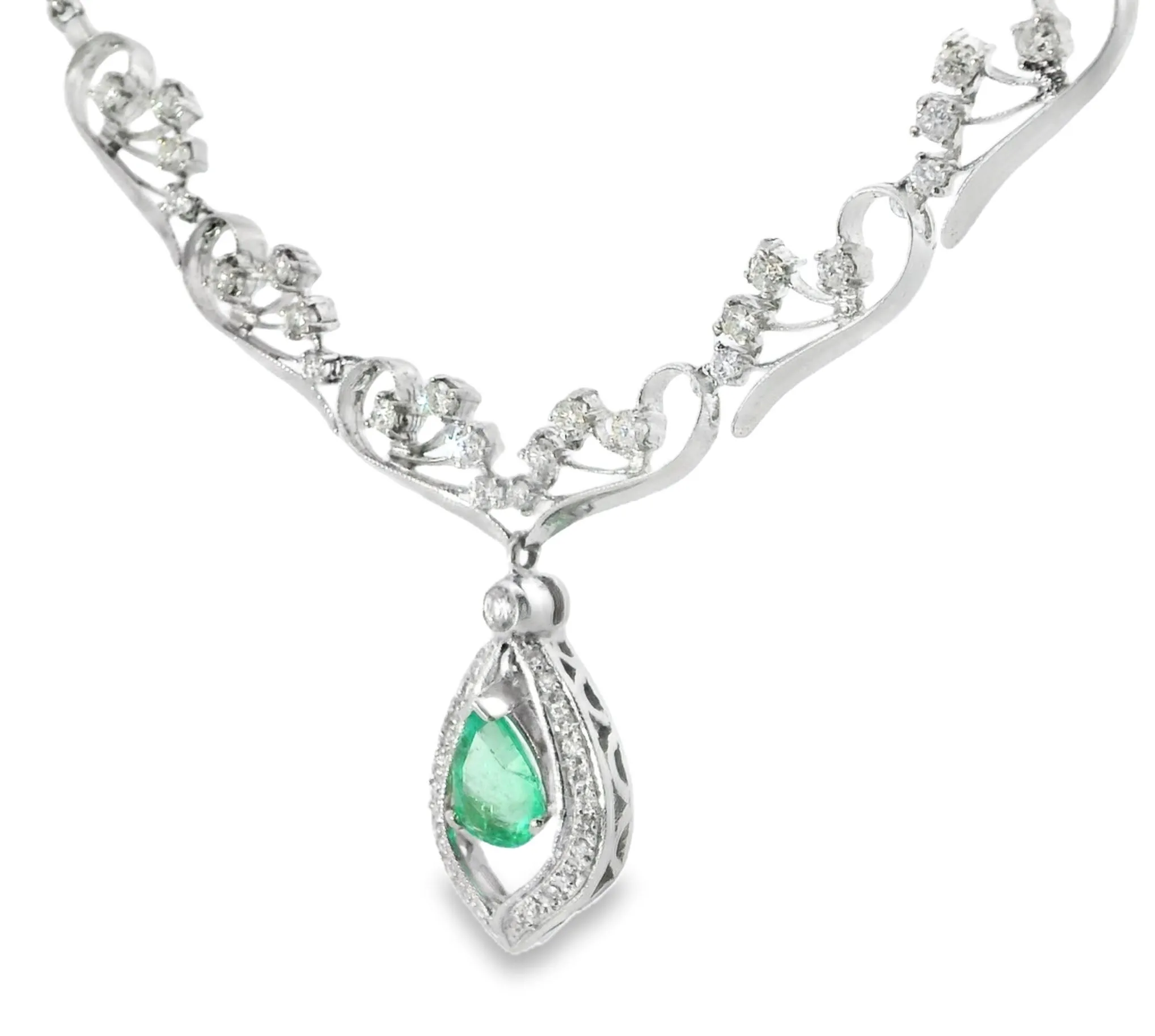 Antique 14K White Gold Filigree Emerald Diamond Necklace