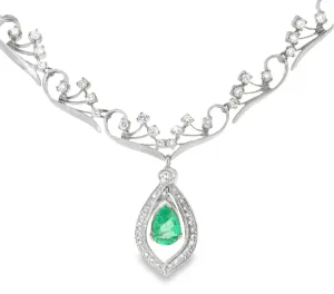 Antique 14K White Gold Filigree Emerald Diamond Necklace