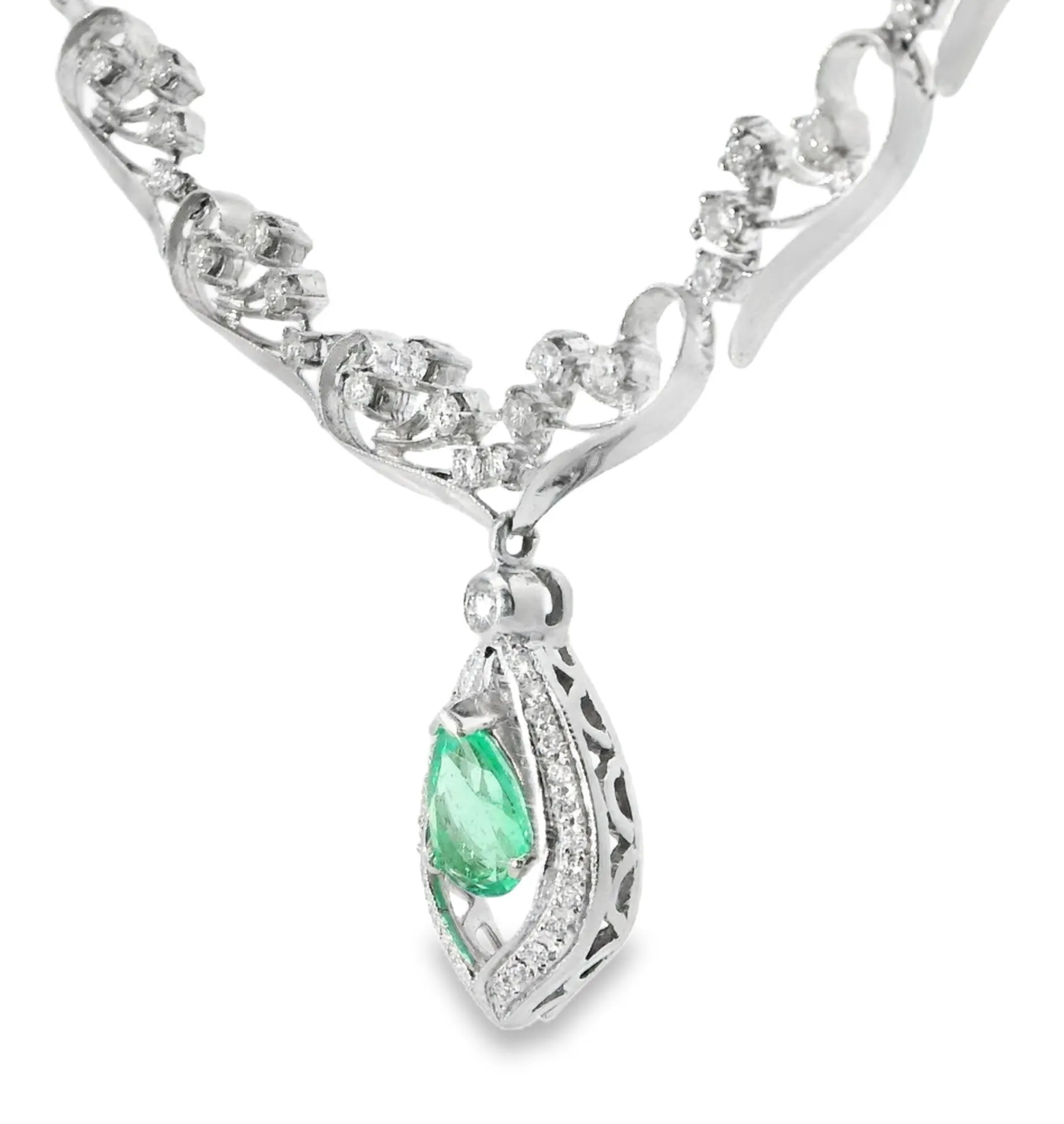 Antique 14K White Gold Filigree Emerald Diamond Necklace