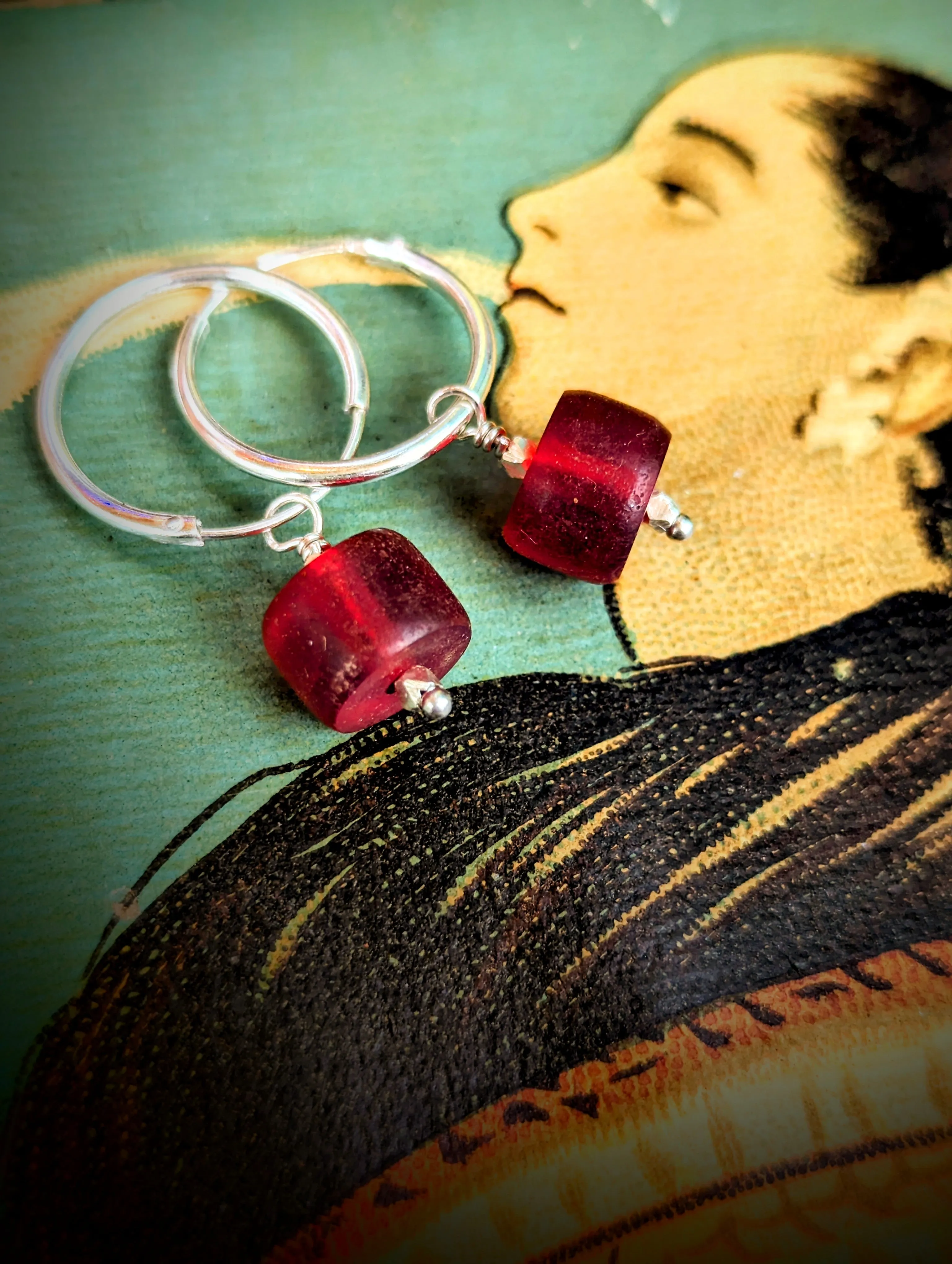 Antique red trade bead hoops