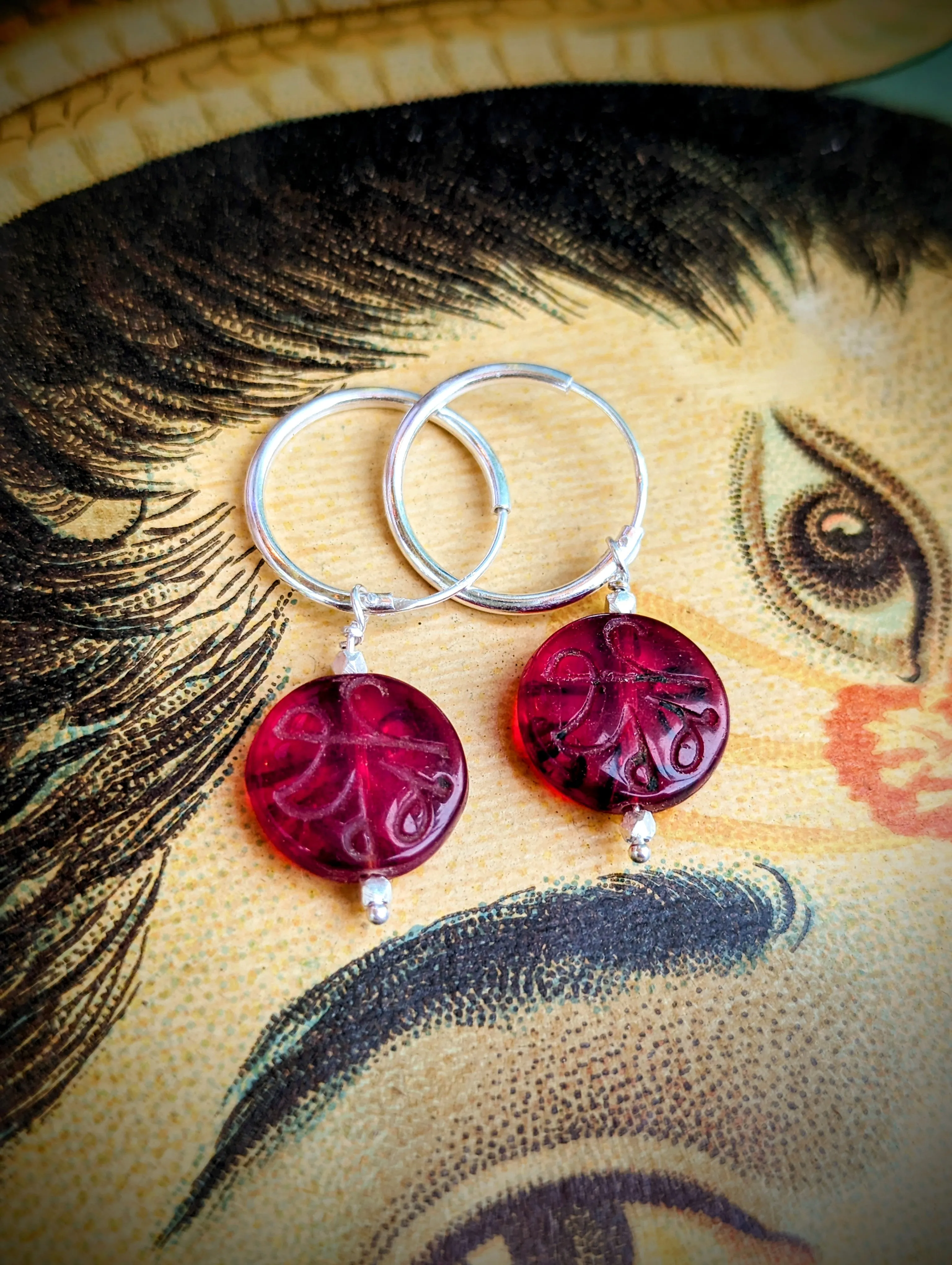 Antique red trade bead hoops