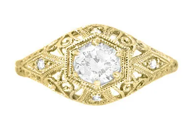 Antique Style White Sapphire Scroll Dome Filigree Edwardian Engagement Ring in 14 Karat Yellow Gold