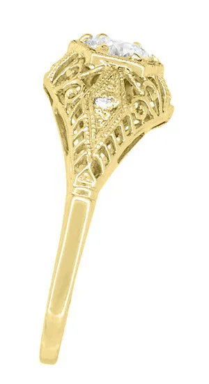 Antique Style White Sapphire Scroll Dome Filigree Edwardian Engagement Ring in 14 Karat Yellow Gold