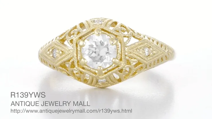 Antique Style White Sapphire Scroll Dome Filigree Edwardian Engagement Ring in 14 Karat Yellow Gold