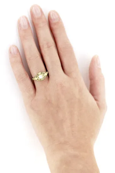 Antique Style White Sapphire Scroll Dome Filigree Edwardian Engagement Ring in 14 Karat Yellow Gold