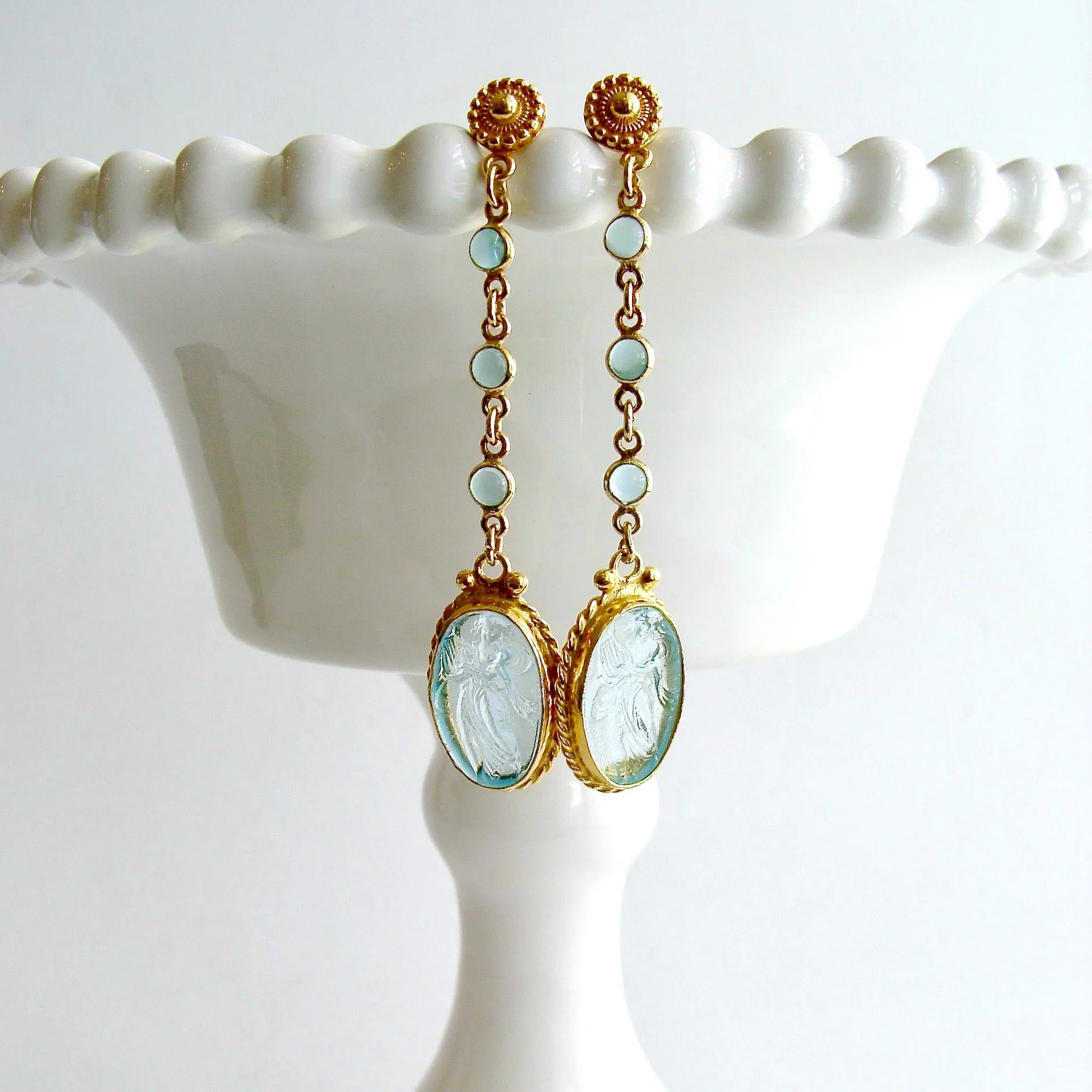 Aqua Quartz Venetian Glass Intaglio Cameo Dangle Earrings - Atrani Earrings