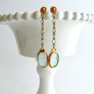 Aqua Quartz Venetian Glass Intaglio Cameo Dangle Earrings - Atrani Earrings