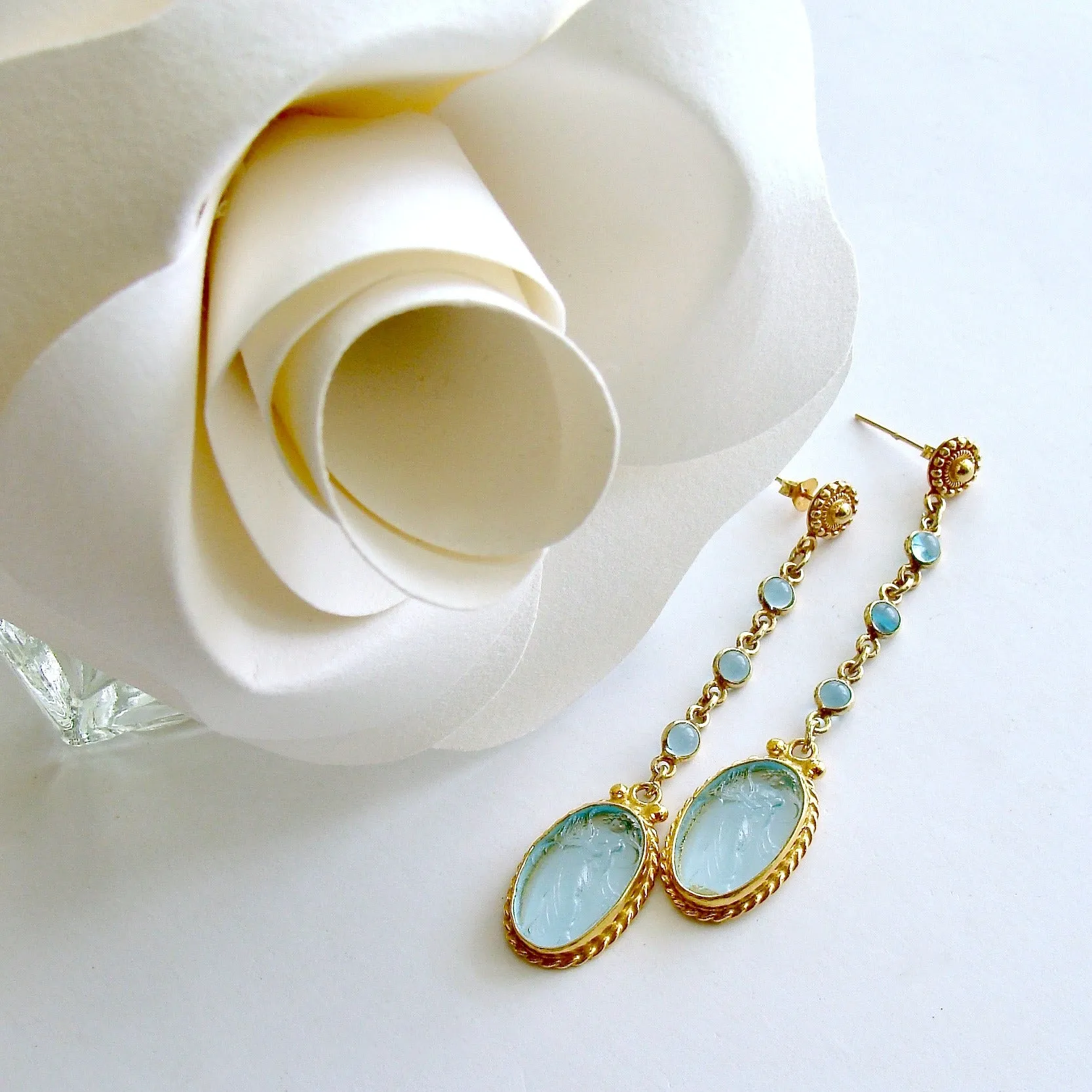 Aqua Quartz Venetian Glass Intaglio Cameo Dangle Earrings - Atrani Earrings