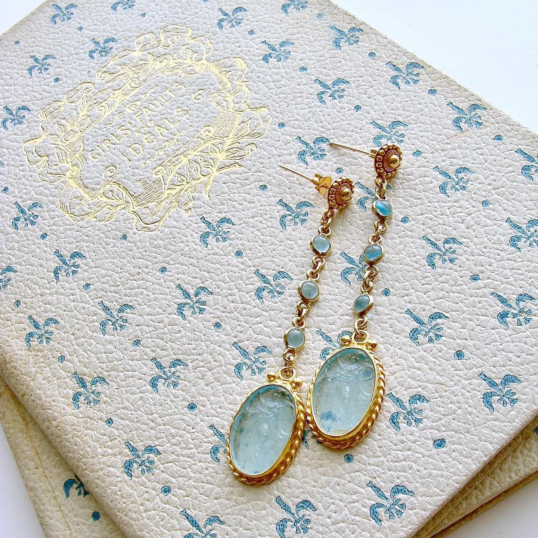 Aqua Quartz Venetian Glass Intaglio Cameo Dangle Earrings - Atrani Earrings