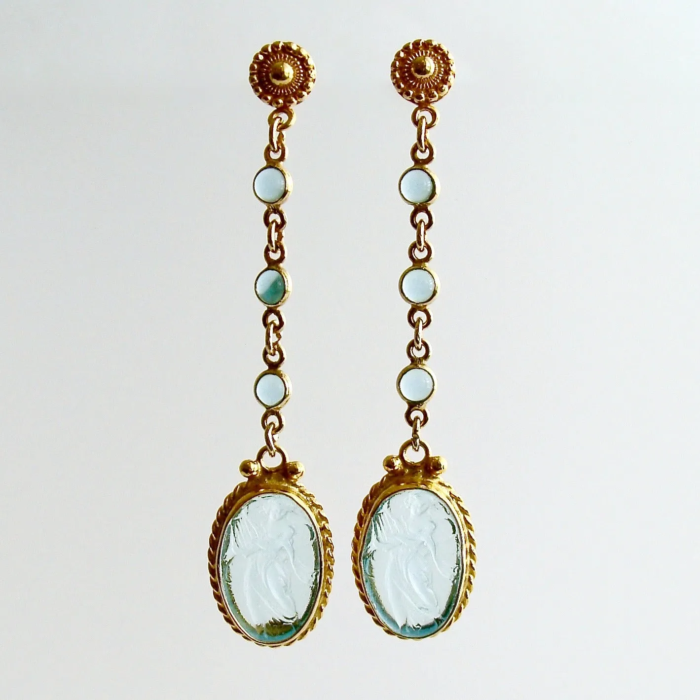 Aqua Quartz Venetian Glass Intaglio Cameo Dangle Earrings - Atrani Earrings