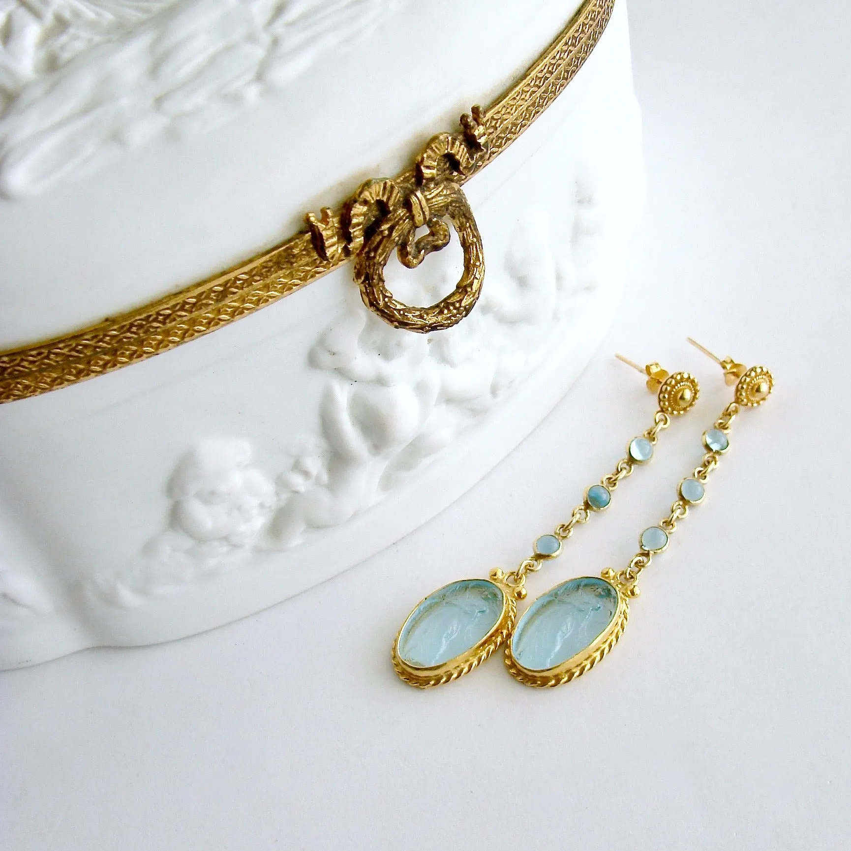 Aqua Quartz Venetian Glass Intaglio Cameo Dangle Earrings - Atrani Earrings