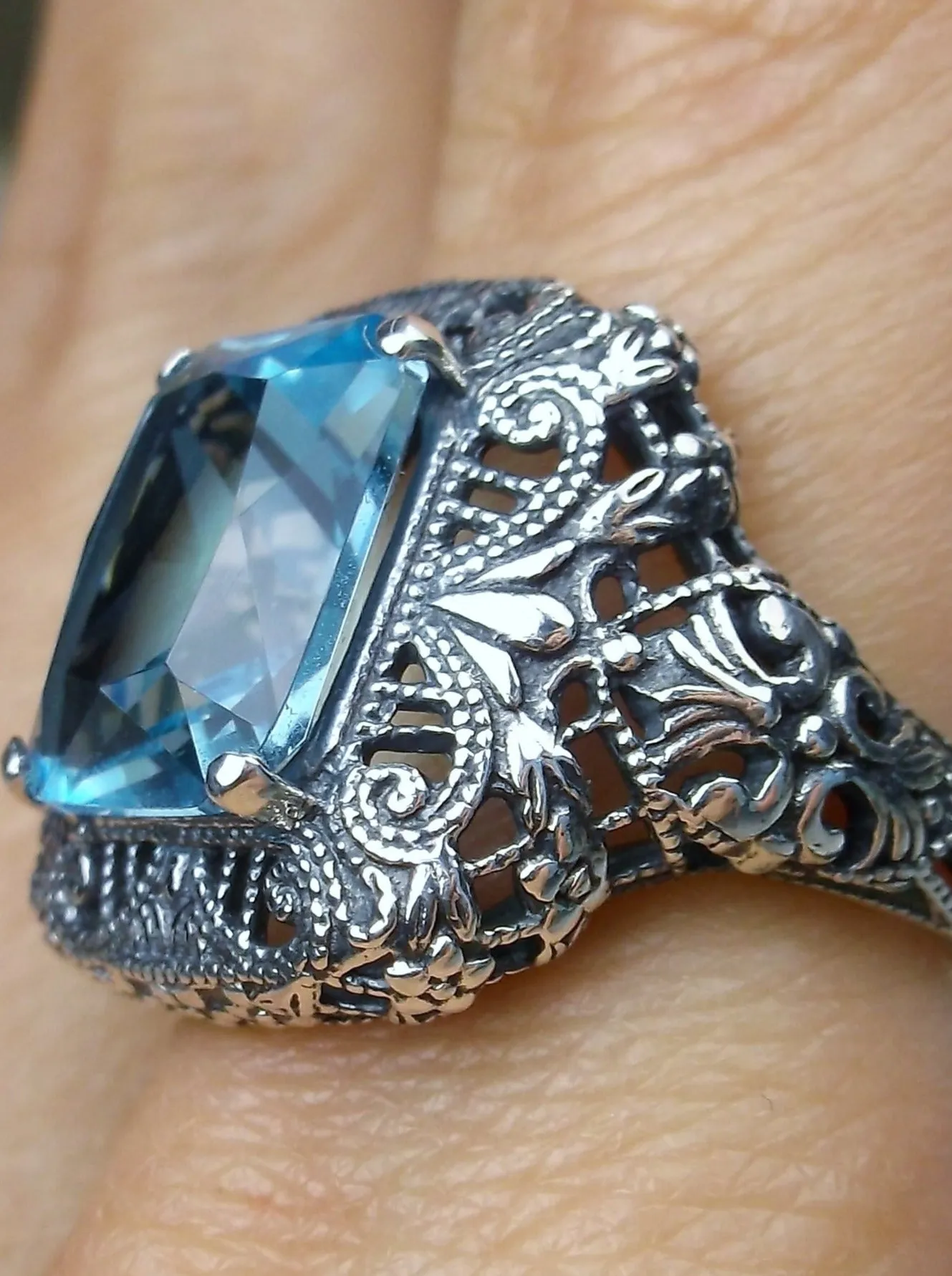 Aquamarine Sky Blue Ring, Intricate Victorian Jewelry #D149
