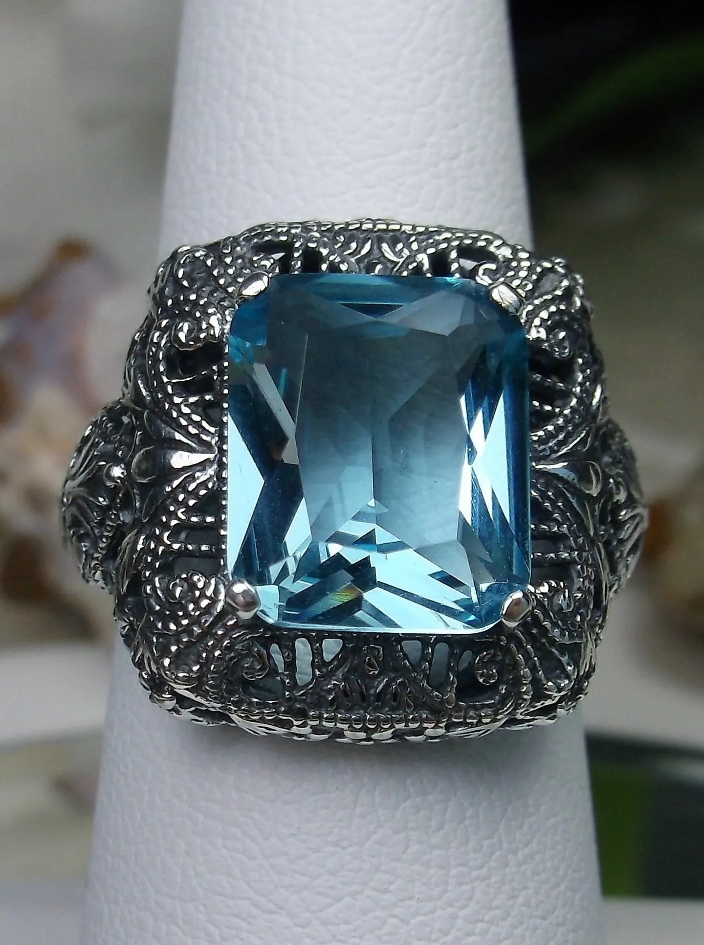 Aquamarine Sky Blue Ring, Intricate Victorian Jewelry #D149
