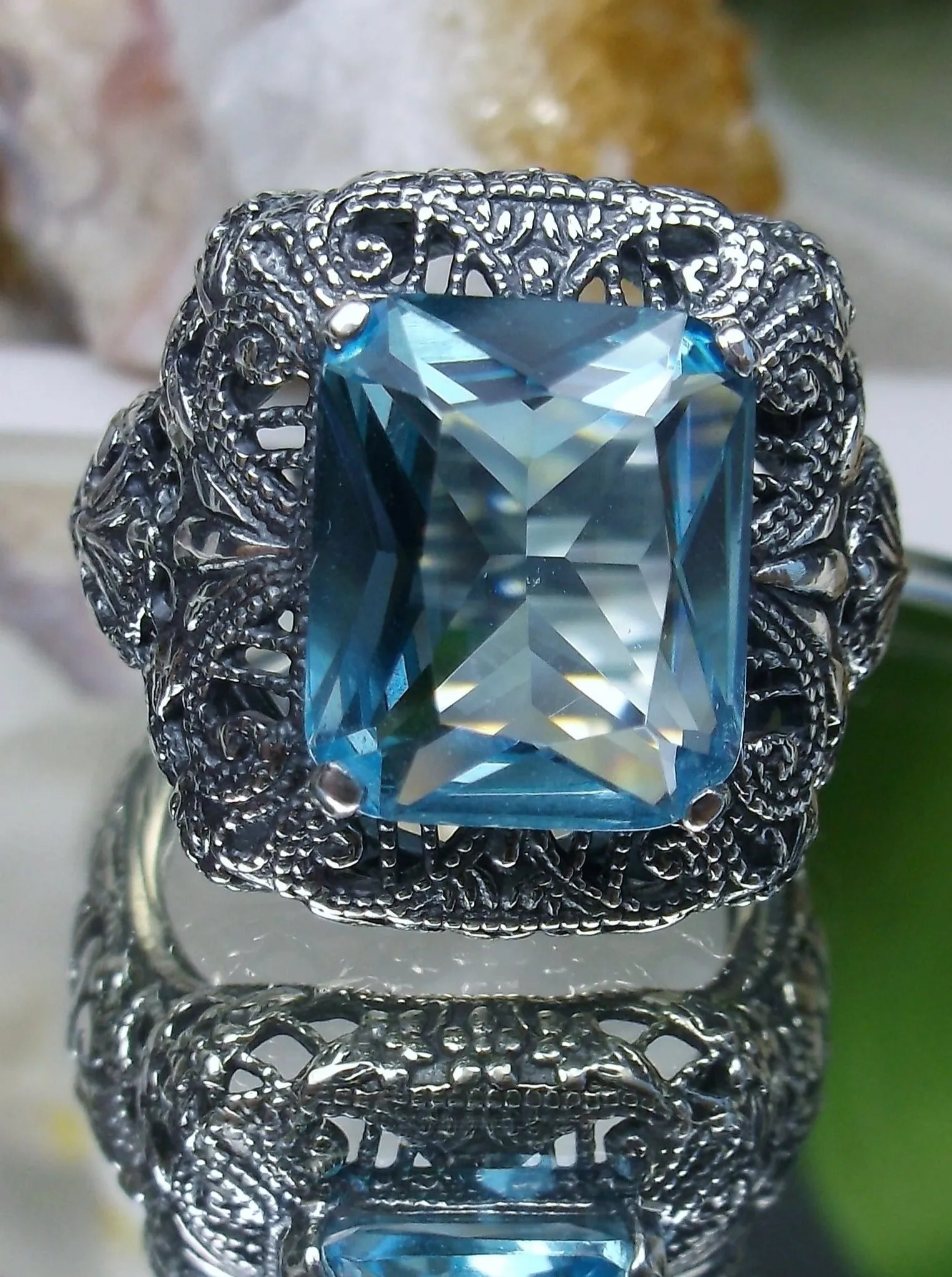 Aquamarine Sky Blue Ring, Intricate Victorian Jewelry #D149