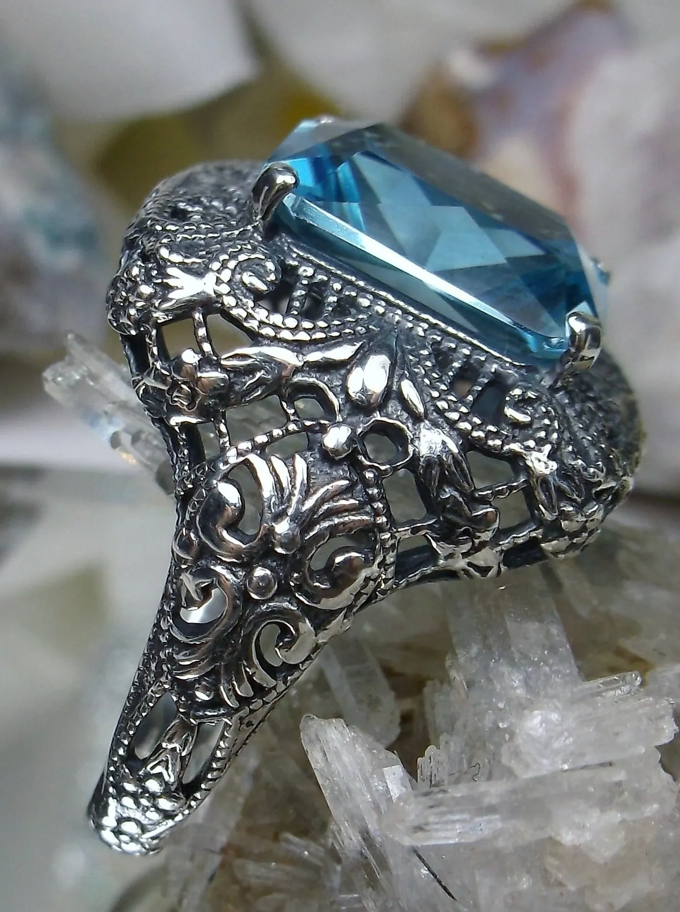 Aquamarine Sky Blue Ring, Intricate Victorian Jewelry #D149