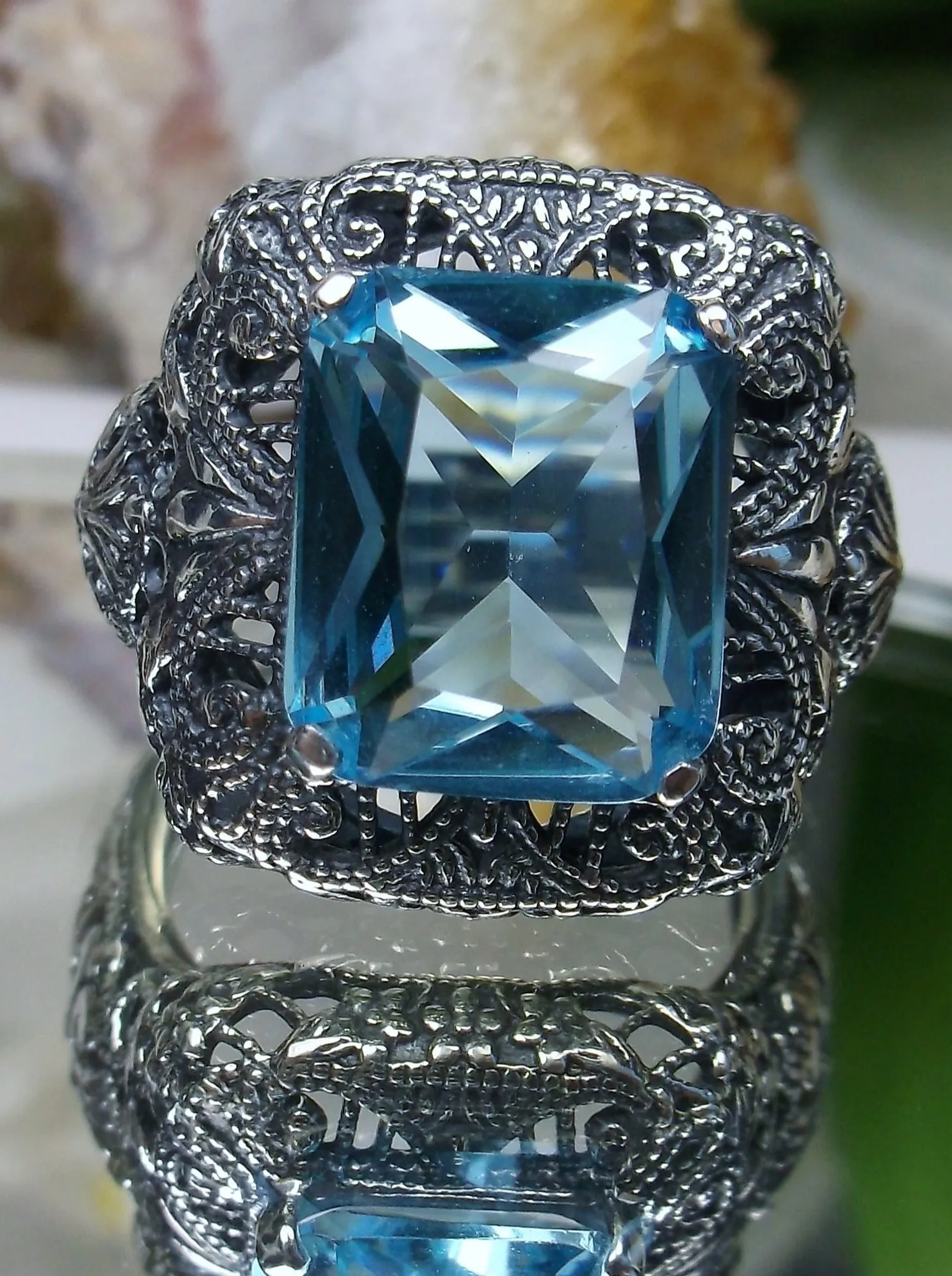 Aquamarine Sky Blue Ring, Intricate Victorian Jewelry #D149