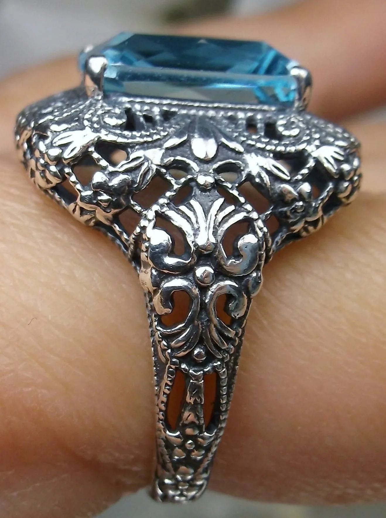 Aquamarine Sky Blue Ring, Intricate Victorian Jewelry #D149