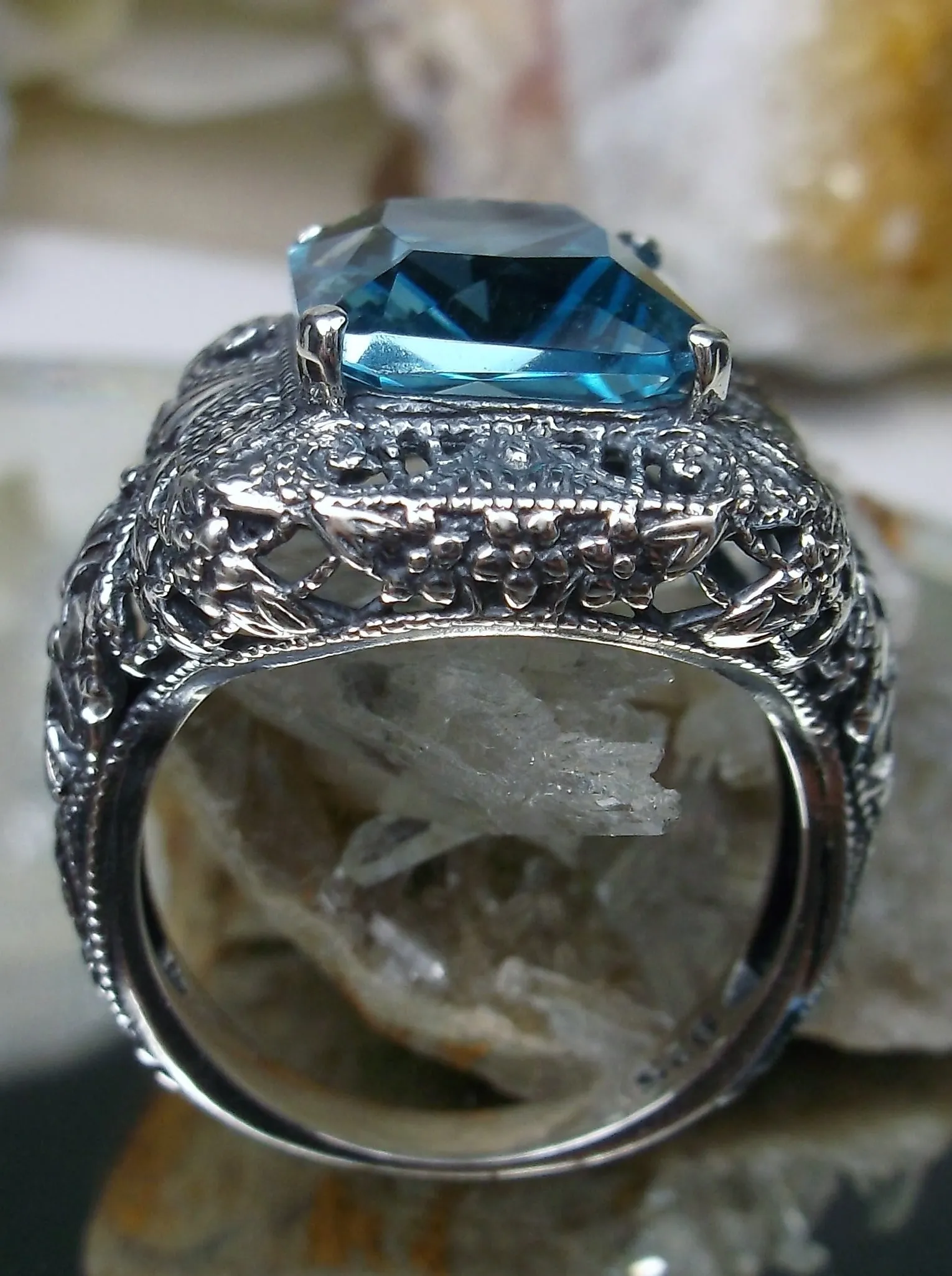 Aquamarine Sky Blue Ring, Intricate Victorian Jewelry #D149
