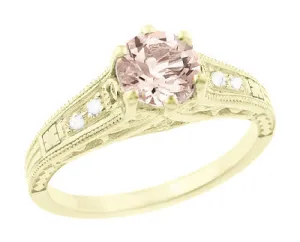 Art Deco 14K Yellow Gold Antique Style Morganite and Diamond Engagement Ring
