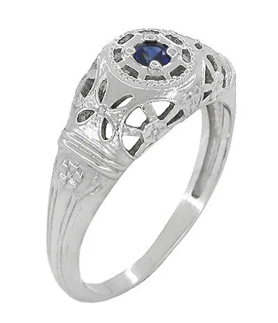 Art Deco 1920's Low Dome Filigree Blue Sapphire Ring in 14 Karat White Gold