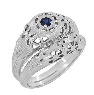 Art Deco 1920's Low Dome Filigree Blue Sapphire Ring in 14 Karat White Gold