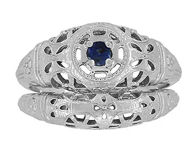 Art Deco 1920's Low Dome Filigree Blue Sapphire Ring in 14 Karat White Gold