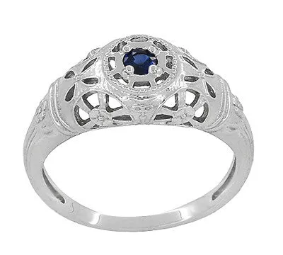 Art Deco 1920's Low Dome Filigree Blue Sapphire Ring in 14 Karat White Gold