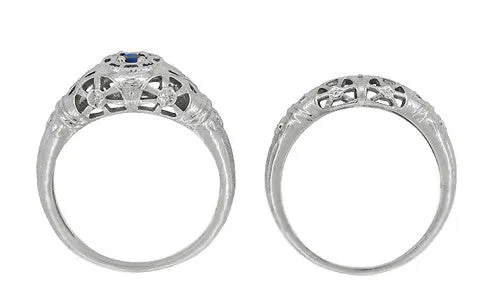 Art Deco 1920's Low Dome Filigree Blue Sapphire Ring in 14 Karat White Gold